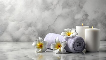 Elegant Spa Arrangement with Candles, Towels, and Plumeria on Marble