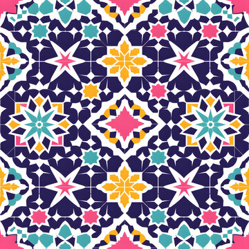 Colorful geometric Moroccan tile pattern, Vibrant traditional tile design with geometric shapes for backgrounds or textiles