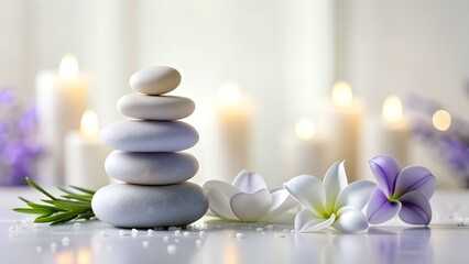 Obraz na płótnie Canvas Zen Spa Balance with Stacked Stones and Frangipani Blooms in Serene Light. Peaceful Zen Balance with Stacked Pebbles and Frangipani Blossoms in Soft Light
