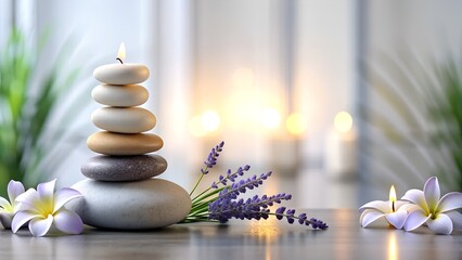 Serene Spa Composition with Stacked Stones, Candles, and Lavender on Reflective Surface. Frangipani Flowers. Fresh white Plumeria Flowers. - obrazy, fototapety, plakaty