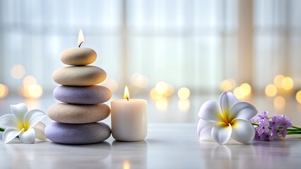 Serene Spa Composition with Stacked Stones, Candles, and Lavender on Reflective Surface. Frangipani Flowers. Fresh white Plumeria Flowers.