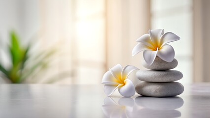 Obraz na płótnie Canvas Zen Spa Balance with Stacked Stones and Frangipani Blooms in Serene Light. Peaceful Zen Balance with Stacked Pebbles and Frangipani Blossoms in Soft Light