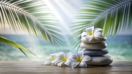 Fototapeta na wymiar Tropical Zen Spa Concept with Balanced Stones and Frangipani Flowers. Tropical Palm Leaves. A warm sunny day on the ocean. A place of paradise.