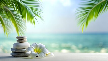 Tropical Zen Spa Concept with Balanced Stones and Frangipani Flowers. Tropical Palm Leaves. A warm sunny day on the ocean. A place of paradise.