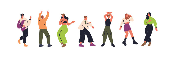 Young dancing characters set. Happy cool men, women moving to music. Modern stylish excited people having fun, energetic movements at party. Flat vector illustrations isolated on white background