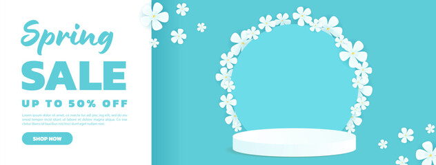 Banner for spring sales promotion. Celebrate spring with promotional banner ads featuring an exclusive podium to showcase your products.
