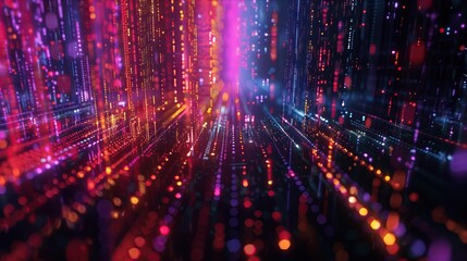 Vibrant digital matrix with AI and algorithms flowing, representing the fusion of technology and intelligence.