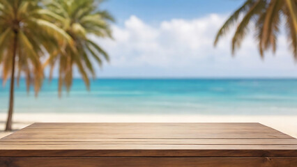 Empty wooden space for product presentation with beach background generative AI
