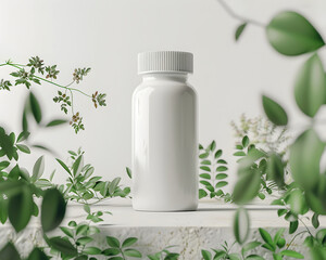 A pill bottle mockup decor with flowers and leaves. The pills are white, Isolated on a white lush jungle background