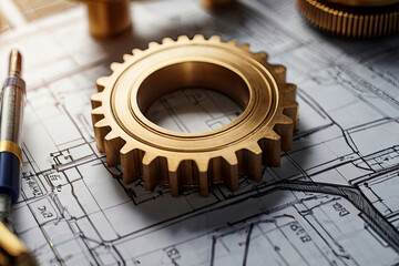Golden gearwheel on technical blueprint. Fusion of technical expertise and strategic planning in...