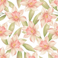Delicate daffodils flower heads. Seamless floral pattern on white background. - 755453381