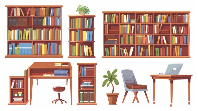 Public library or bookshop interior furniture cartoon modern set. Wooden cabinet with rows of paper books on shelves, desk with stack of literature, chairs, and plant in pot. Information storage.