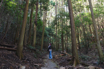 山を散策する女性