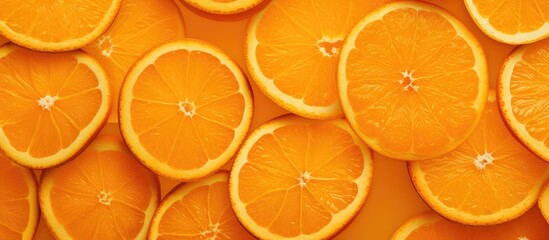 A collection of oranges cut in half, revealing their juicy interior and circular slices, neatly arranged on a clean white surface.