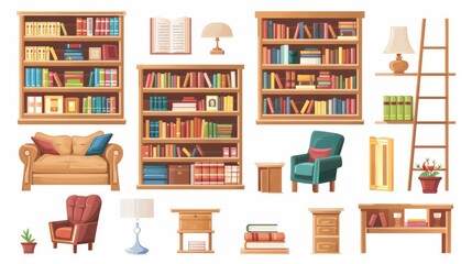 Modern illustration of wooden bookcases, books on shelves, cozy armchair with cushion, lamp, flower pot, reading hobby, office elements on white background.