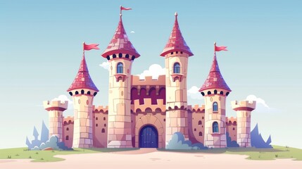 An ancient kingdom fortress palace or fort with the flag on the tower, windows, and gate. Cartoon illustration set of fantasy fairytale ancient kingdom fortress palace.