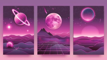 Y2K groovy pink posters. Modern illustration of heart, star, planet on wireframe landscape background, retrowave romantic style art.