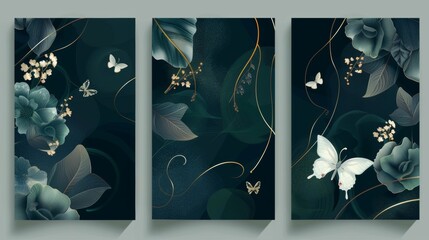 This is a retro wave posters set with elegant floral decoration, butterflies on green and black background. It is a retro futuristic flashback vibe flyer with a Y2k vibe.