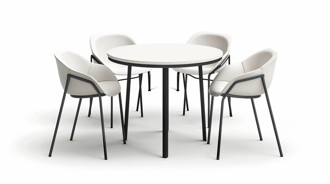Booth round table with four chairs made of white plastic top and black legs for café or exhibition display. Realistic modern illustration of empty furniture for advertising and promotional materials.