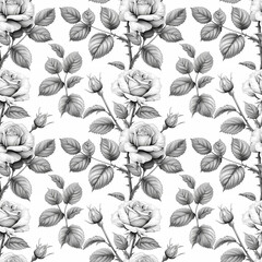 Seamless pattern monochromatic contour drawings of flowers
