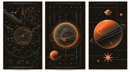 A modern realistic illustration of Y2K vibe posters with orange wireframe torus and globe shapes, black stars, lines, flower signs decoration, retrowave aesthetic banners. - obrazy, fototapety, plakaty