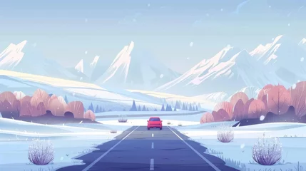 Foto auf Acrylglas In winter, a red car drives down an asphalt road, passing through snow-covered meadows and trees leading to mountains. A cartoon landscape of a vehicle driving down an asphalt road from the hills in © Mark