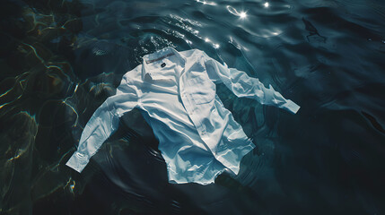 A white shirt is floating in the water. The shirt is wet and has a few wrinkles