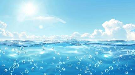 A realistic modern of blue undersea aqua with waterline horizon in a clean river or lake surface level with bubbles, sun and clouds.