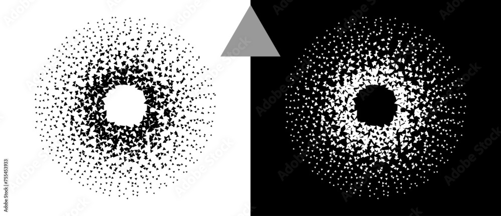 Aufkleber Abstract background with random size triangles in circle. Art design chaos as logo or icon. A black figure on a white background and an equally white figure on the black side.