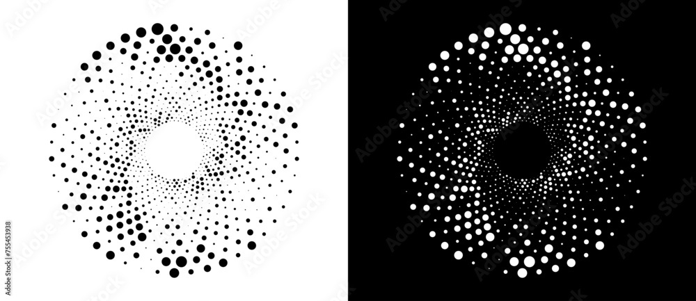 Aufkleber Modern abstract background. Halftone dots in circle form. Spiral logo, icon or design element. Black dots on a white background and white dots on the black side.