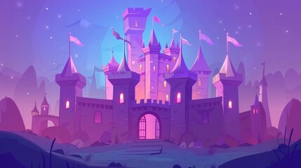 For children's books and games, this fantasy fairytale ancient kingdom fortress palace or fort comes with a flag on the tower, windows in the gate, and a giant fortress wall.