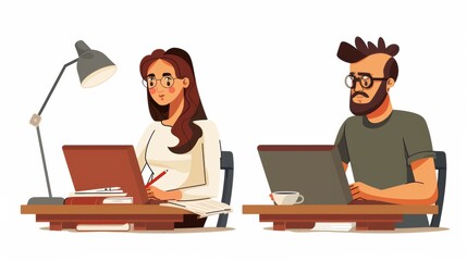 The cartoon modern illustration set shows a male and female copywriter and author creating an essay while using a laptop and notebook. - obrazy, fototapety, plakaty