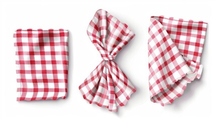 The mockup is an empty white handkerchief with a checkered pattern. It is a realistic modern illustration set of a cotton gingham cloth napkin or kitchen towel.
