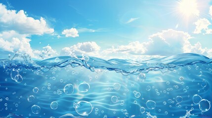 A realistic illustration of the seas, oceans, rivers, lakes, transparent waves under waterline, clear skies, and a sunny day. - obrazy, fototapety, plakaty