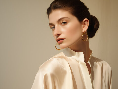 A photo of a minimal modern fashion shoot with young Spanish women, featuring an oversized beige shirt and large gold earrings, in muted earthy colors, with creative editorial photography. 