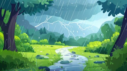 Modern cartoon illustration of summer scenery with green trees, bushes and grass, pouring rain and lightning bolt against a cloudy sky, stones on a path. - obrazy, fototapety, plakaty