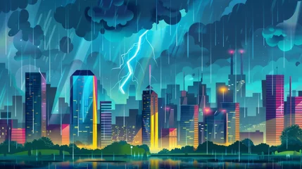 Fotobehang An illustration of heavy rain in a modern city. Modern cartoon illustration of pouring rain and lightning bolts in clouds above skyscrapers, high-rise apartment buildings, gloomy urban landscape. © Mark