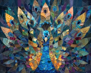 Regal peacocks exhibit geometric tessellations, their feathers akin to stained glass poetry. - obrazy, fototapety, plakaty