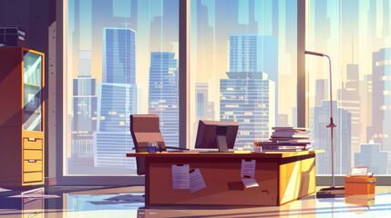 Business office interior with a view of city skyscrapers through the large window, a desk with a computer, a stack of papers and folders, a chair, and a cabinet. Cartoon modern workplace of a