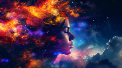 Obraz na płótnie Canvas Cosmic Dreamscape: Ethereal Woman Merged with Vibrant Nebula