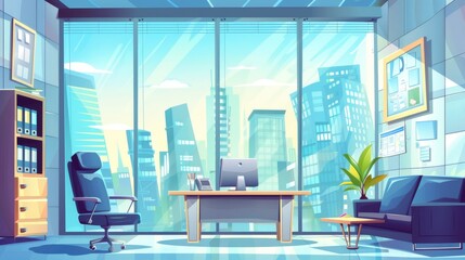 In this illustration there is a large window in the bank office, a computer at the desk, a chair and a couch for clients, a cash desk behind a glass wall, and folders on the shelf. - obrazy, fototapety, plakaty