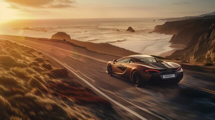an image showing a sleek sports car speeding down a winding coastal road, with waves crashing against the cliffs in the background golden hours of a day - obrazy, fototapety, plakaty