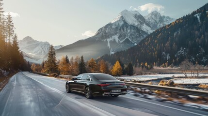 A luxury sedan gliding gracefully along a winding mountain road, with snow-capped peaks rising majestically in the distance, Elegance, Mountain, Luxury, Scenic, Serenity, Capturing the harmony between - obrazy, fototapety, plakaty