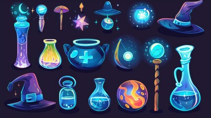 Various sorcerer or witch magic stuff game cartoon icons. Fantastic cauldron with mystery glowing potion, wizard hat and wooden wand, fantasy fortune ball, and glass bulb with elixir. - obrazy, fototapety, plakaty