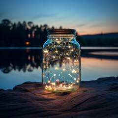 Twilight Serenity: Glass Jar Filled with Warm Fairy Lights by Lakeside