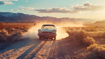 A classic vintage car cruising through a sun-drenched desert landscape, kicking up dust clouds in its wake, Retro, Desert, Adventure, Dusty, Vintage