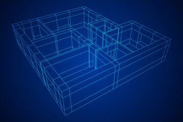 Architecture building. Modern house plan. Wireframe low poly mesh.