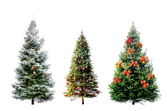 three christmas trees are lined up against white backgrounds