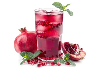 Pomegranate fruit juice, leaf min, and ice isolated on a white background.