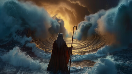 Jewish exodus biblical story cartoon illustration - Moses parting the Red Sea for the Israelites to cross, the sea opens into two big waves forming a passage